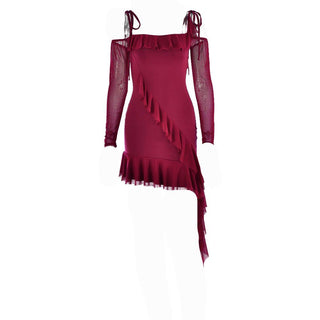 Ruffle self tie irregular off shoulder mesh long sleeve mini dress