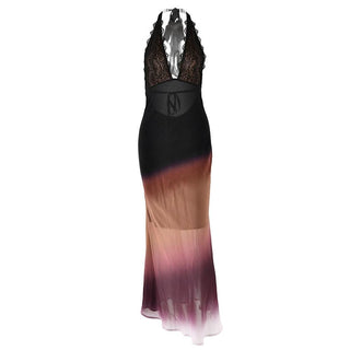 Halter self tie deep V neck gradient lace maxi dress