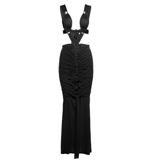 O ring textured hollow out self tie ruched tank cut out maxi dress-final-sale