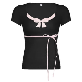 Short sleeve u neck bowknot lace hem top