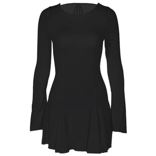 Pleated solid long sleeve self tie backless mini dress
