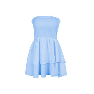 Smocked backless ruched ruffle tube mini dress