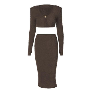 Textured button long sleeve gloves midi skirt set-final-sale