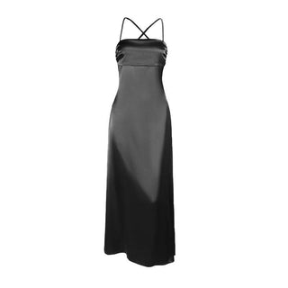 Cross back self tie ruched satin square neck maxi dress