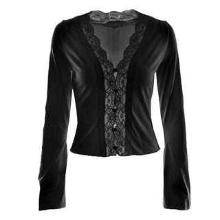 Long sleeve deep V neck lace hem hollow out cut out top