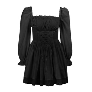 Long sleeve smocked lace up lace hem mini dress