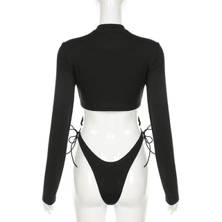 High neck long sleeve hollow out self tie bodysuit