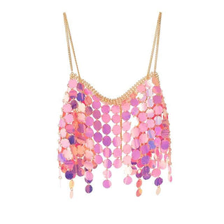 Metal chain glitter v neck hollow out cami cut out top