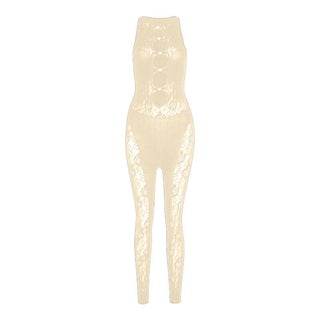 Hollow out lace crewneck button fishnet sleeveless solid jumpsuit
