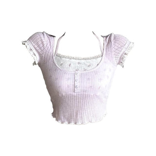 Short sleeve halter patchwork ribbed crop top