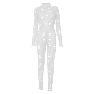 Crochet hollow out high neck lace up solid jumpsuit-final-sale