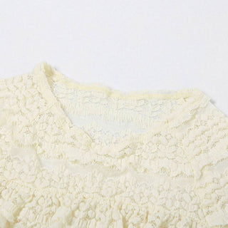 Crewneck ruffle lace ruched cap sleeve pant set