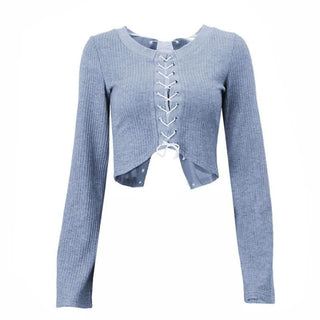 Long sleeve hollow out lace up textured round neck cut out top