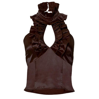 Halter ruffle ruched satin backless top