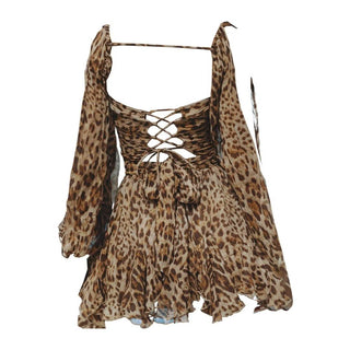 Long puff sleeve mesh print ruched mini dress-final-sale