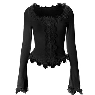 Long sleeve lace hem button ribbed u neck solid top