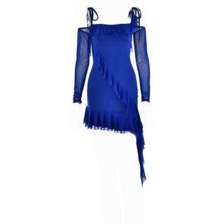 Ruffle self tie irregular off shoulder mesh long sleeve mini dress