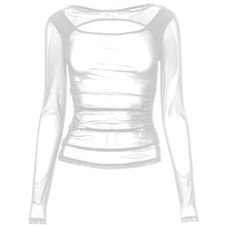 Long sleeve ruched sheer mesh solid top