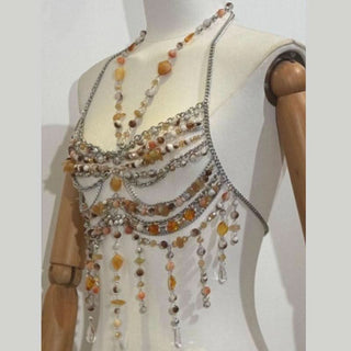 Hollow out halter metal chain beaded cut out top