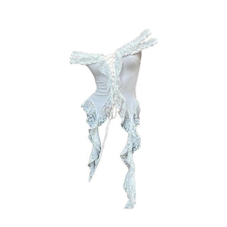 Off shoulder lace up ruffle lace hem top