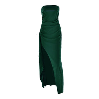 Ruched high slit irregular ruffle tube maxi dress