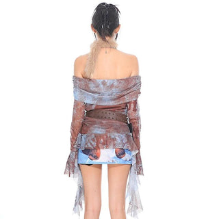 Long sleeve mesh print off shoulder ruched top