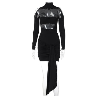High neck long sleeve ruched hollow out cut out mini dress
