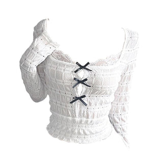 Long sleeve textured bowknot hollow out cut out top