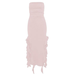 Solid slit irregular ruffle ribbon backless tube midi dress