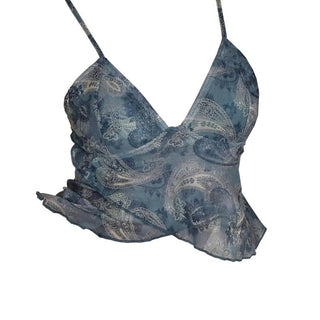 Ruffle v neck sheer mesh cross front print see through crop top