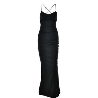 Satin solid lace up cross back v neck low cut maxi dress