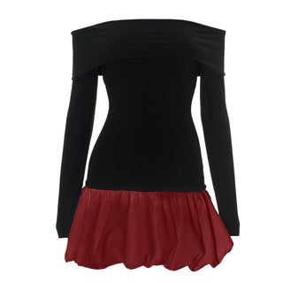 Ruched long sleeve off shoulder contrast mini dress