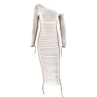 Long sleeve one shoulder ruched stitch mesh midi dress