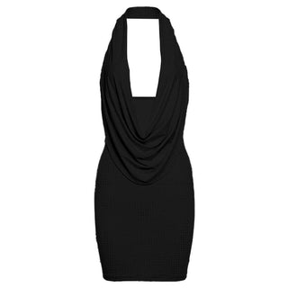 Halter cowl neck beaded low cut mini dress