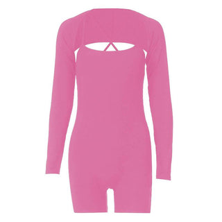 Solid ribbed cross back long sleeve shrug romper