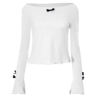 Long flared sleeve round neck bowknot textured top