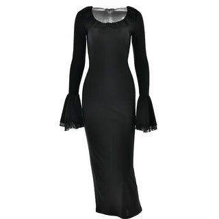 Ruffle long flared sleeve u neck solid midi dress - Final Sale