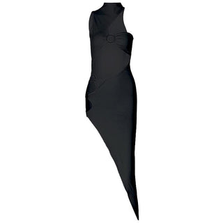One shoulder high neck o ring irregular midi dress