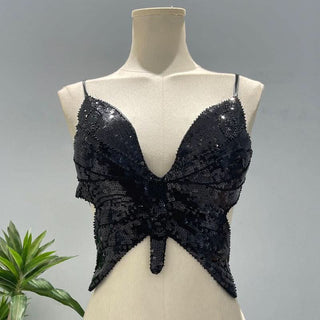 Deep V neck glitter cross back self tie cami top