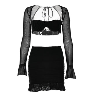 Mesh hollow out solid ruffle long sleeve ruched mini skirt set