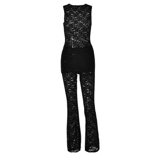 Crewneck lace sleeveless solid medium rise pant set