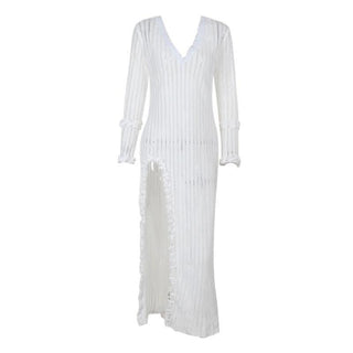 Long sleeve v neck lace slit knitted midi dress