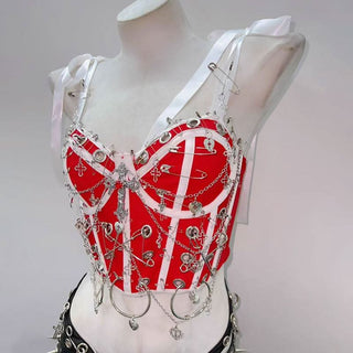 Ribbon self tie v neck hollow out metal chain o ring cut out top