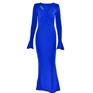 Ruched solid hollow out irregular long sleeve cut out maxi dress - Final Sale