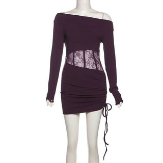 Long sleeve off shoulder ruched drawstring lace mini dress