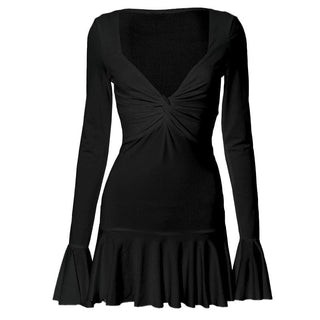 Long flared sleeve ruched v neck solid mini dress