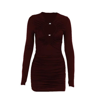 Long sleeve ruched buckle hollow out cut out mini dress