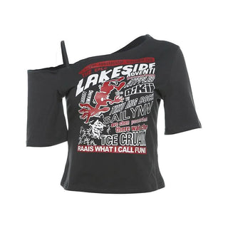 Irregular short sleeve hollow out letter print cut out top