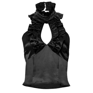 Halter ruffle ruched satin backless top