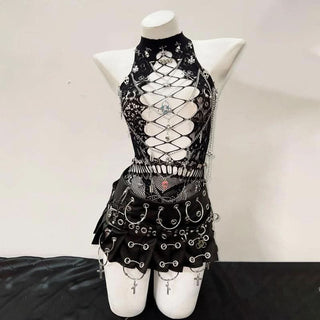 Hollow out metal chain crewneck lace cut out top